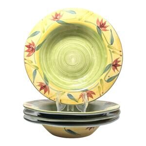 Pier 1 “Elizabeth” 4 Earthenware Ceramic Large Rim Soup or Pasta Bowls 9 3/4”